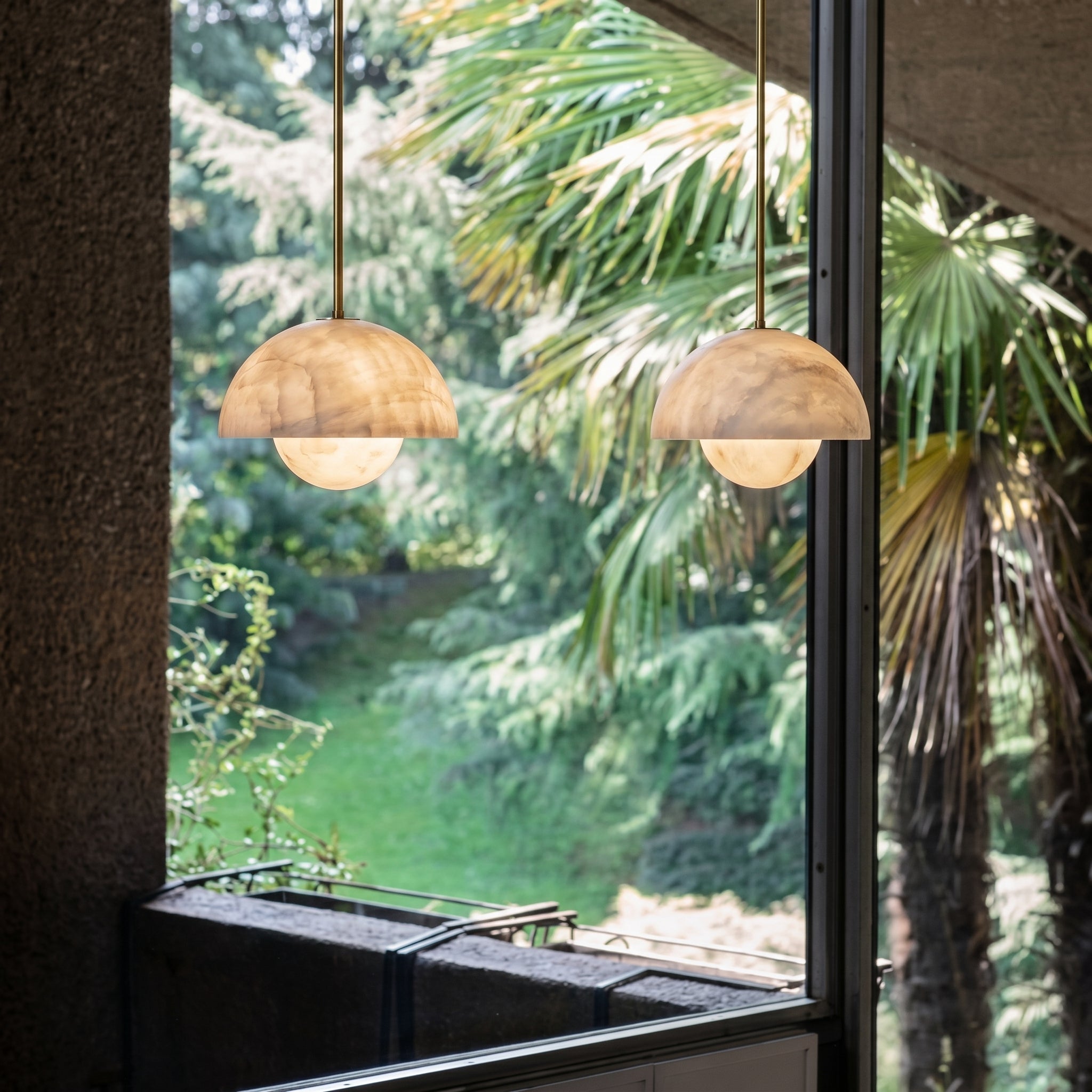 Alabaster Bud Dome Brass Pendant Light