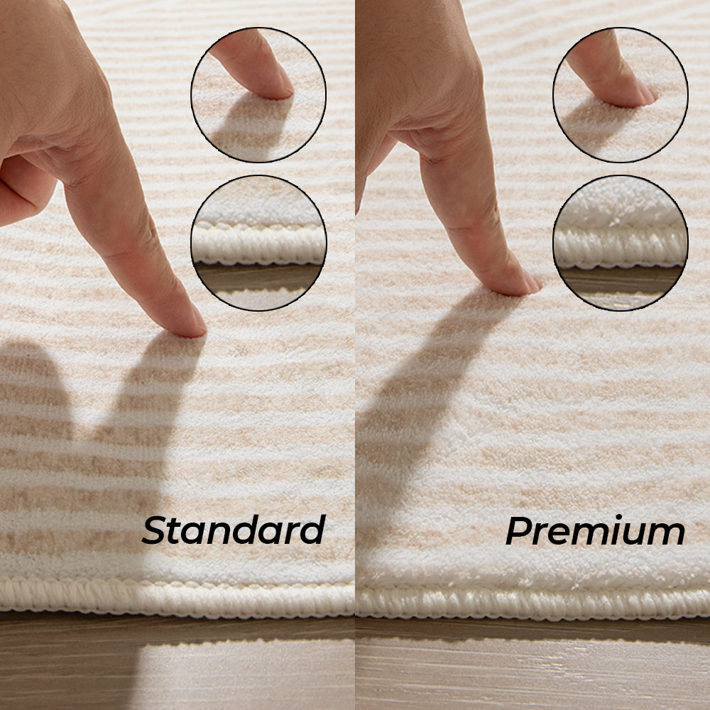Comparison of Tiberius washable rug textures: standard vs. premium, showcasing the material and construction.