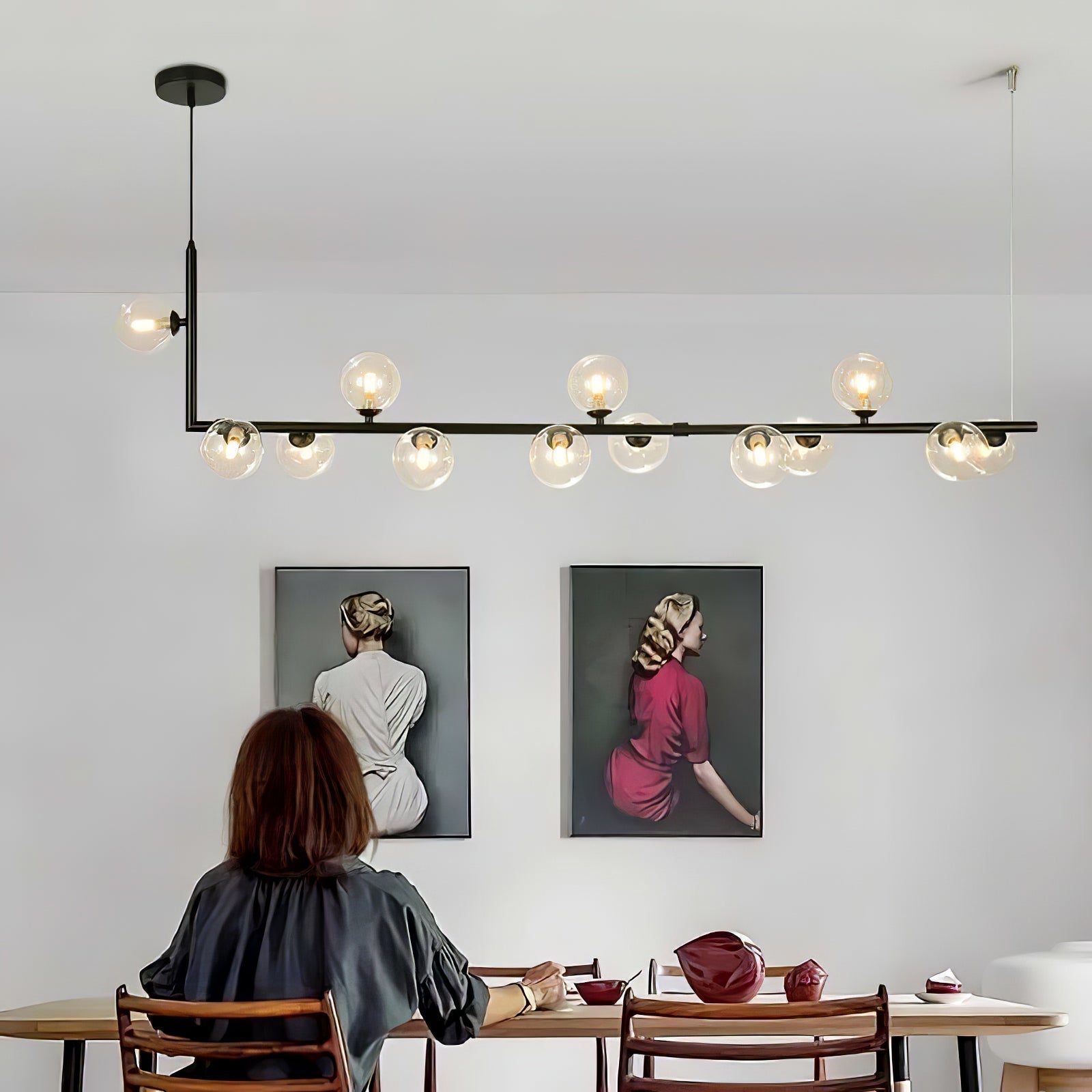 Moss Chandelier Glass with Black Steel Linear