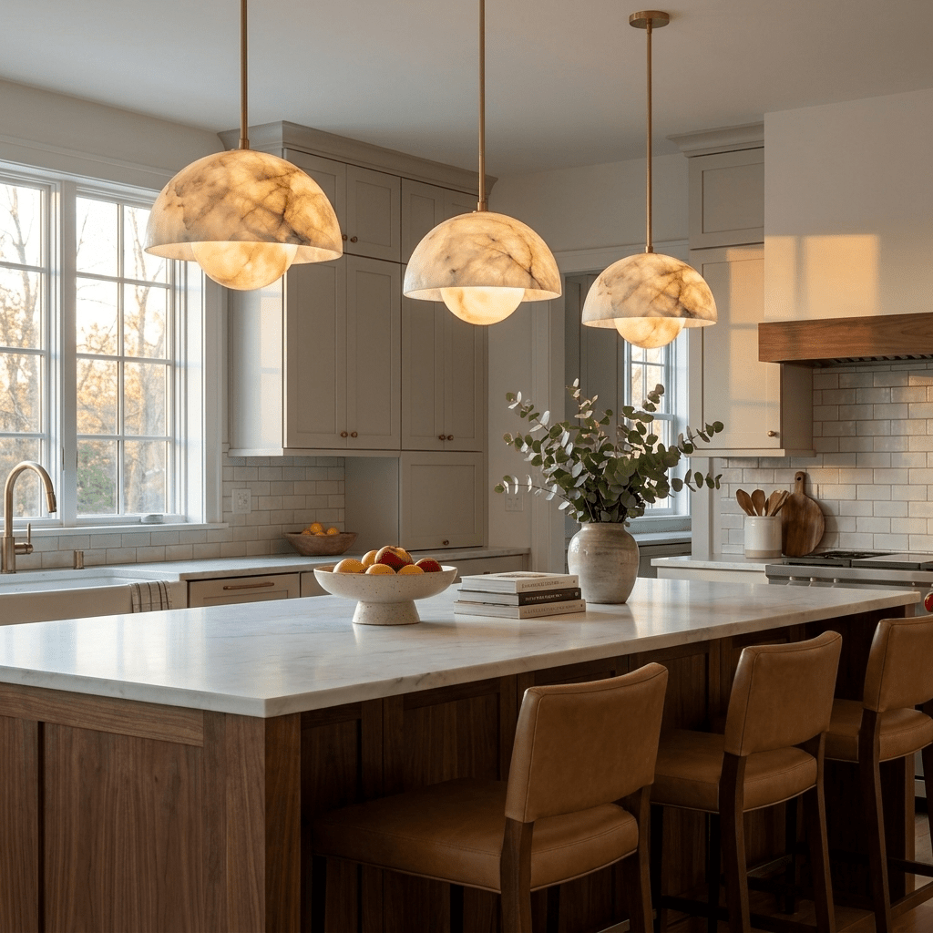 Alabaster Bud Dome Brass Pendant Light