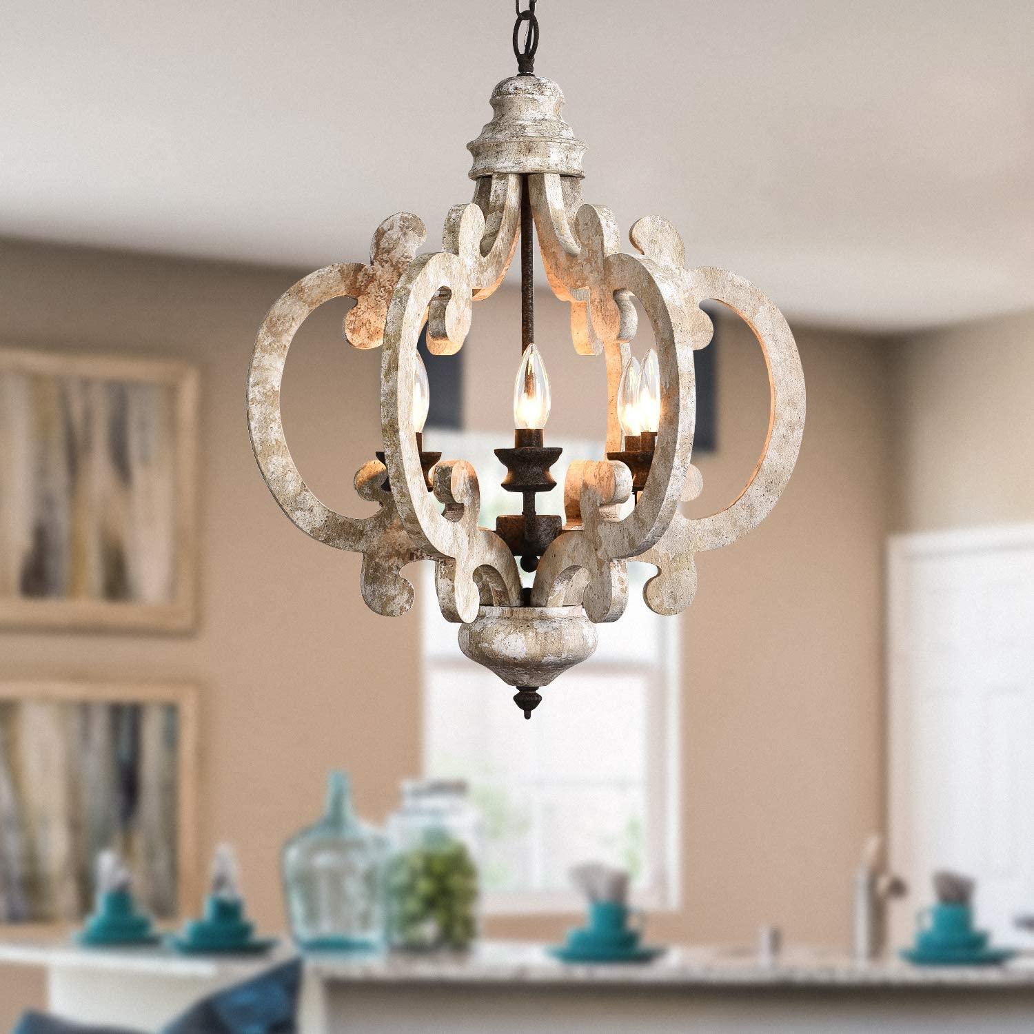 Rinaian Chandelier Scroll Wood Whitewashed Rustic