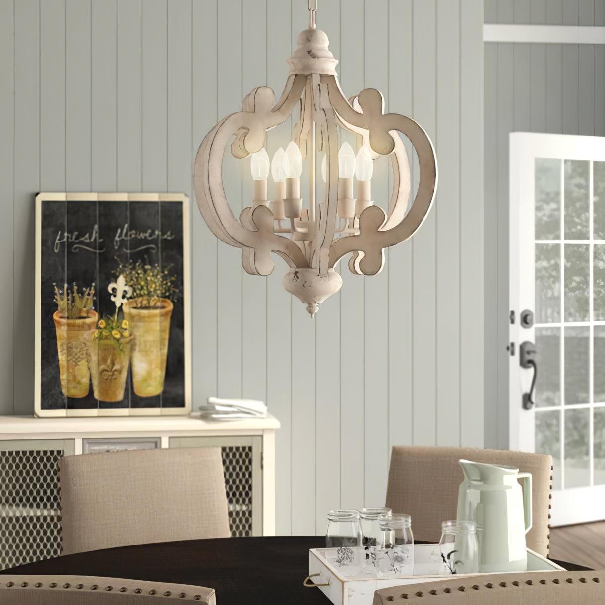 Rinaian Chandelier Scroll Wood Whitewashed Rustic