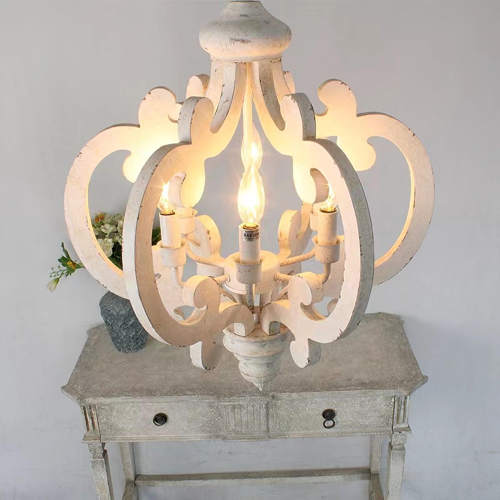 Rinaian Chandelier Scroll Wood Whitewashed Rustic