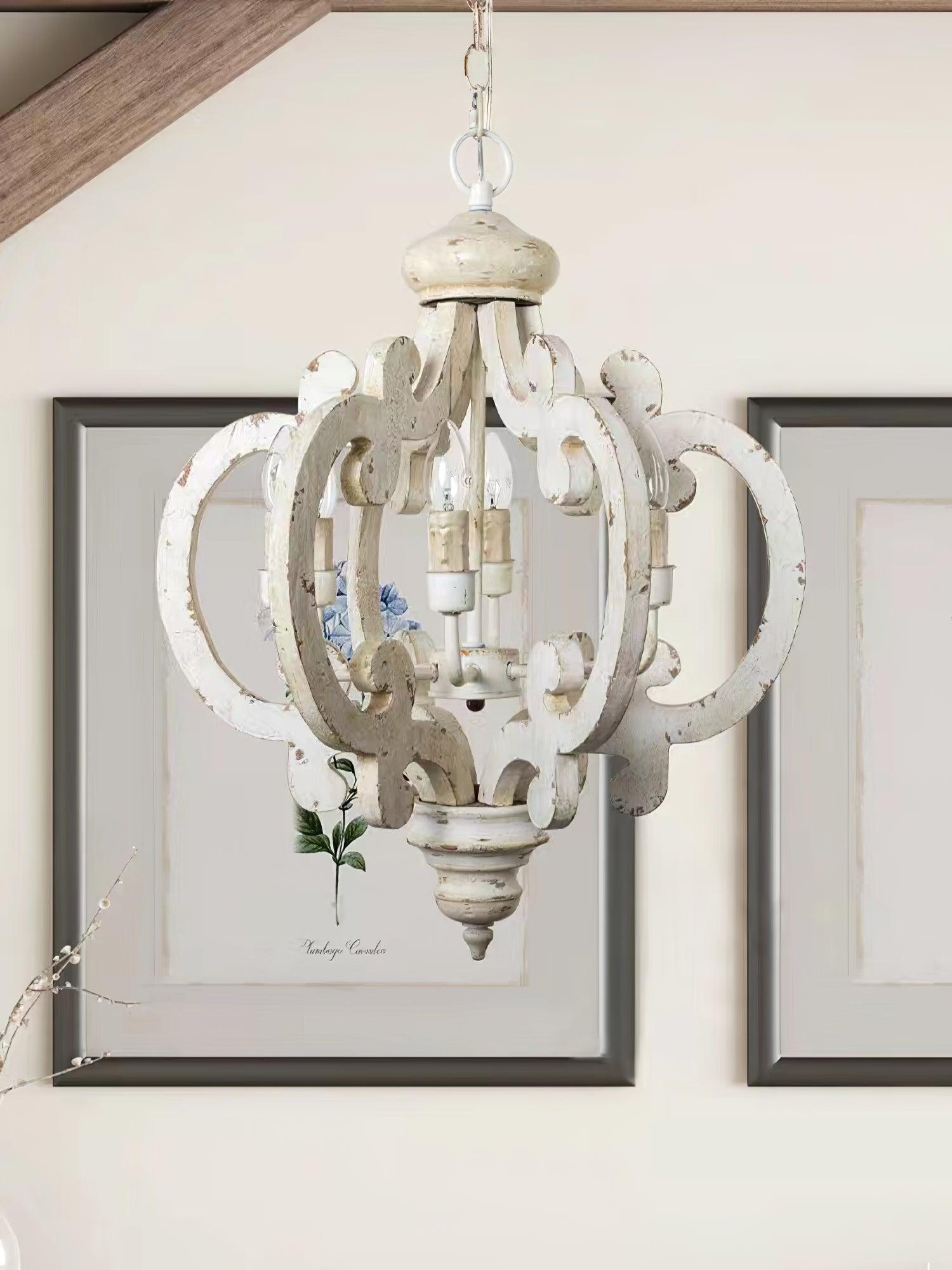 Rinaian Chandelier Scroll Wood Whitewashed Rustic