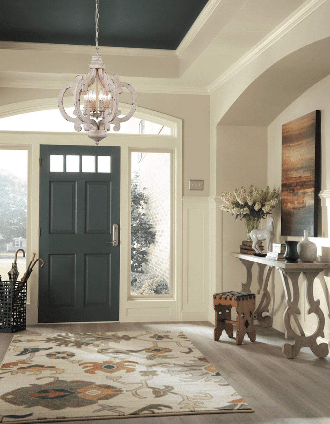 Rinaian Chandelier Scroll Wood Whitewashed Rustic