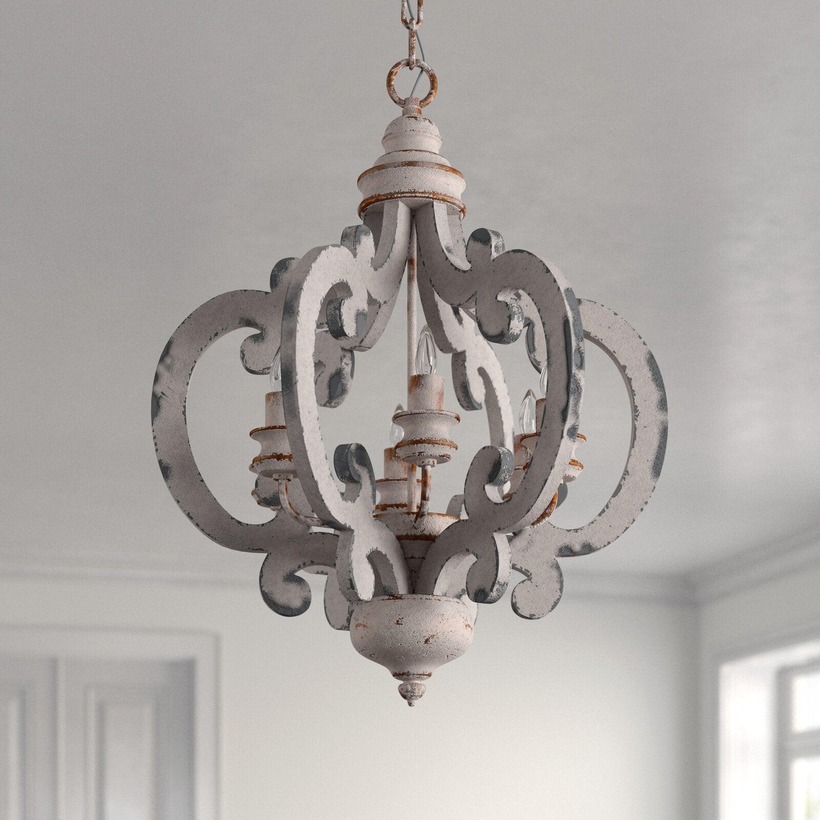 Rinaian Chandelier Scroll Wood Whitewashed Rustic