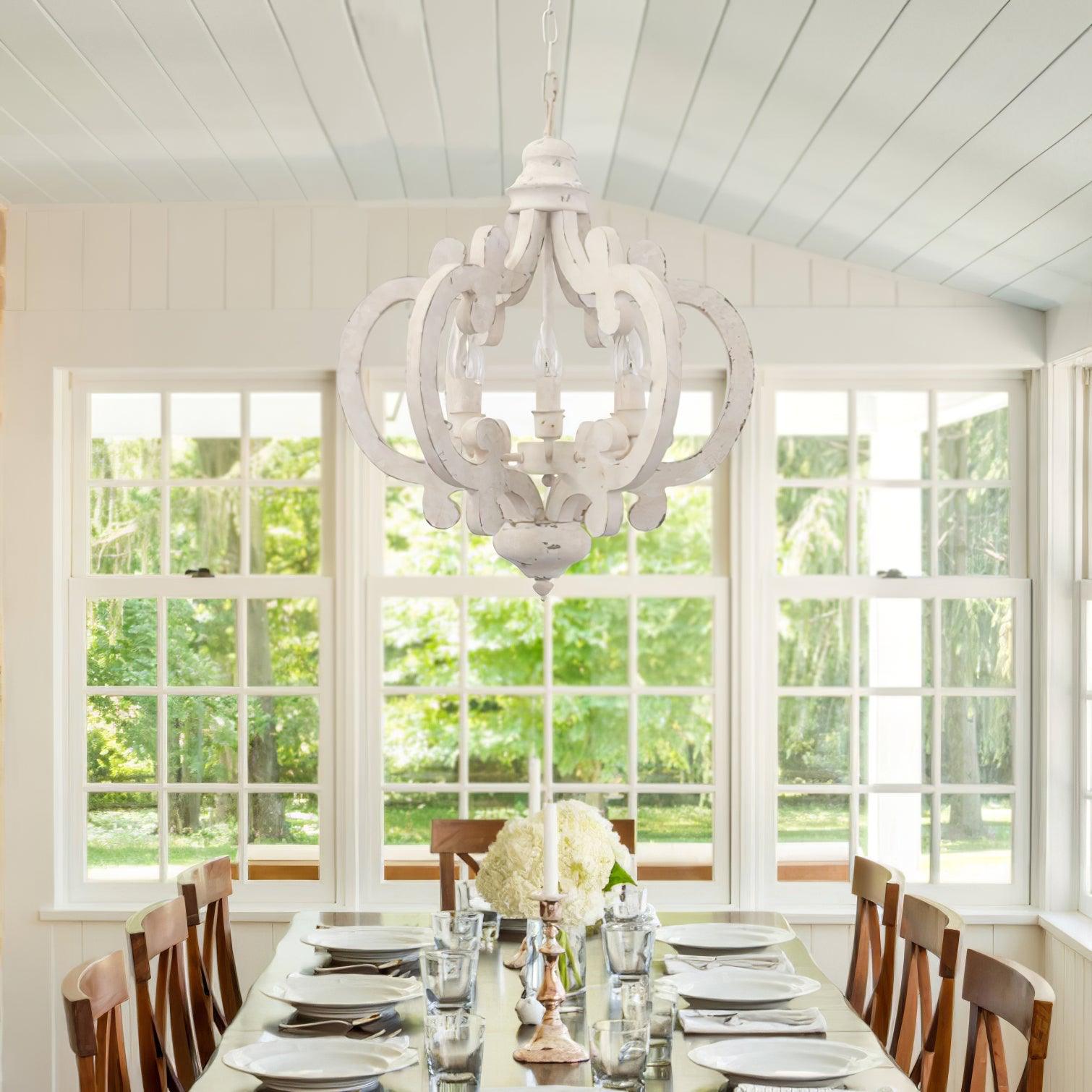 Rinaian Chandelier Scroll Wood Whitewashed Rustic