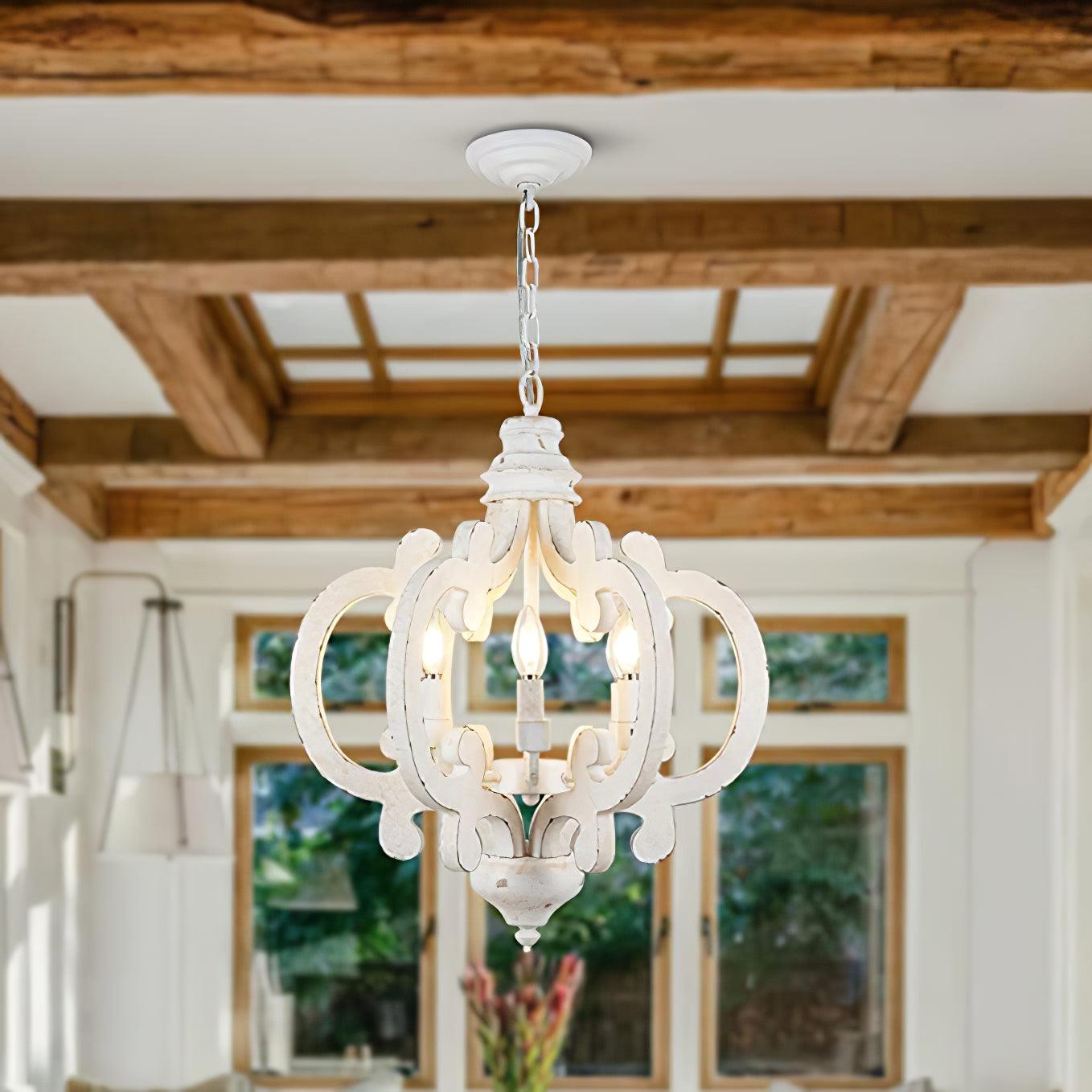 Rinaian Chandelier Scroll Wood Whitewashed Rustic