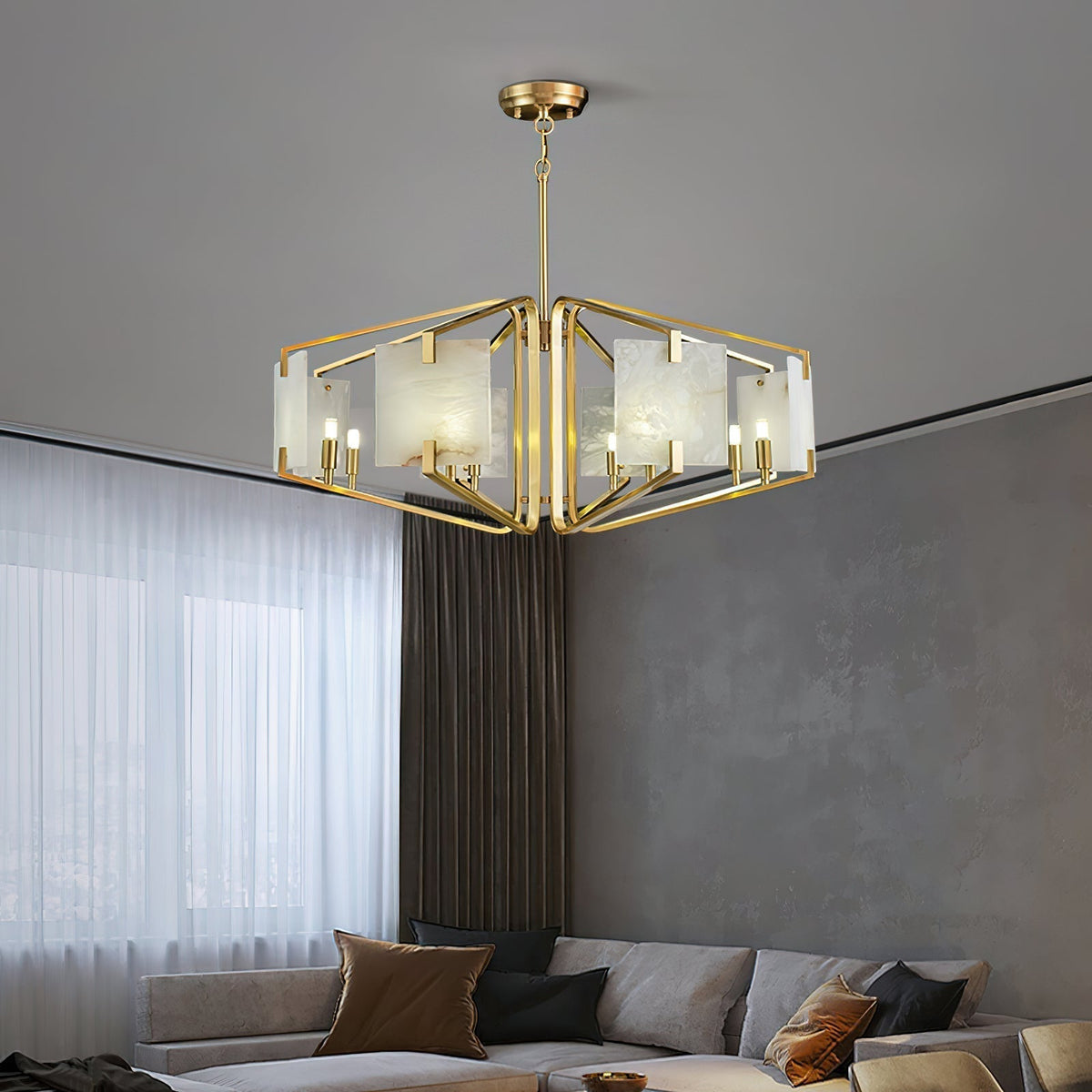 Plotuvys Postmodern Luxury Brass Alabaster Chandelier