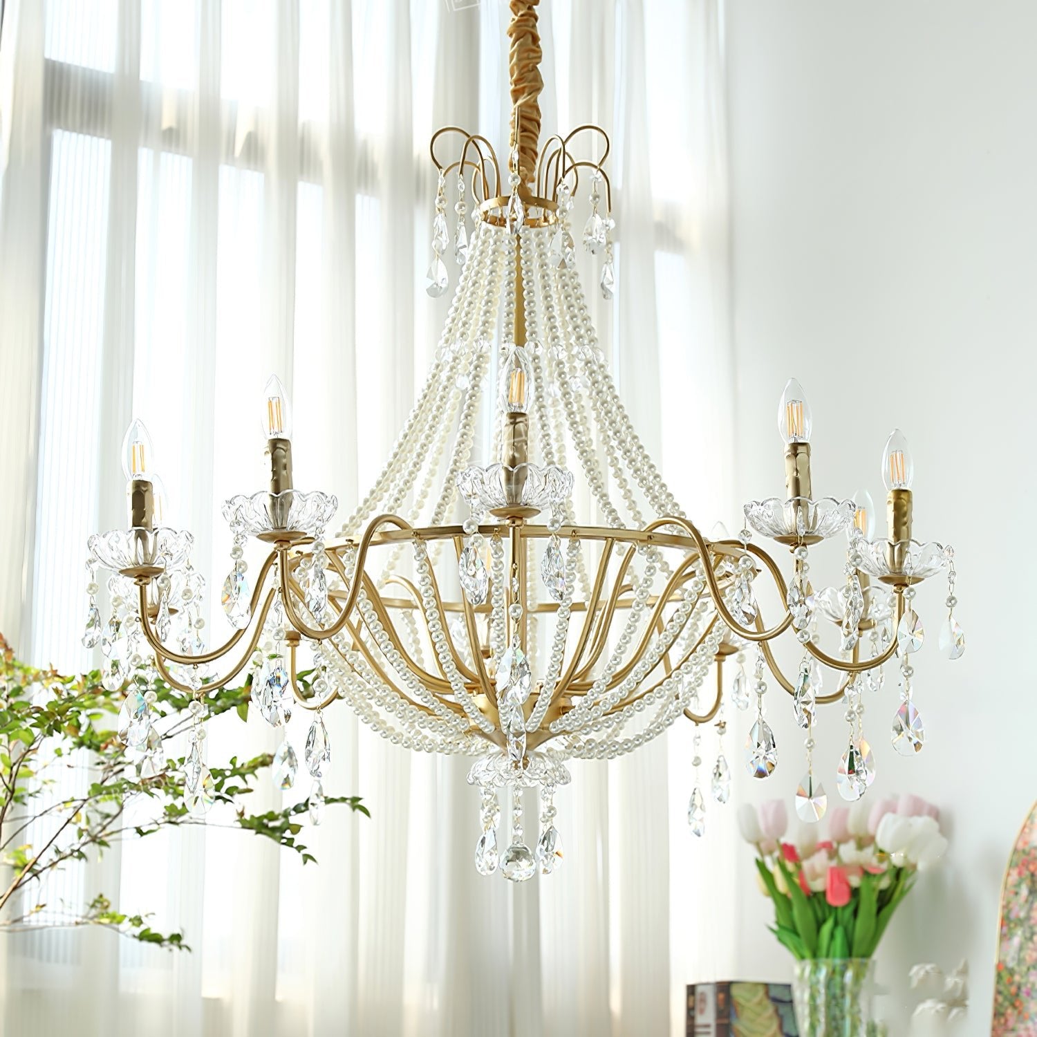 Eurvaros Vintage Crystal Brass Chandelier - Neutral Decor