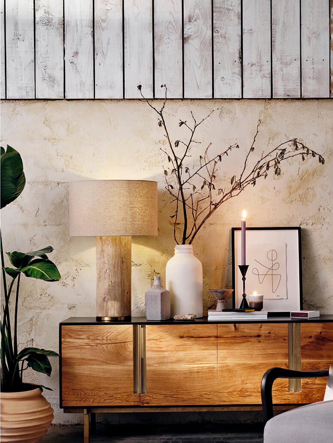 Vonoryra Cylindrical Travertine Table Lamp - Neutral Decor