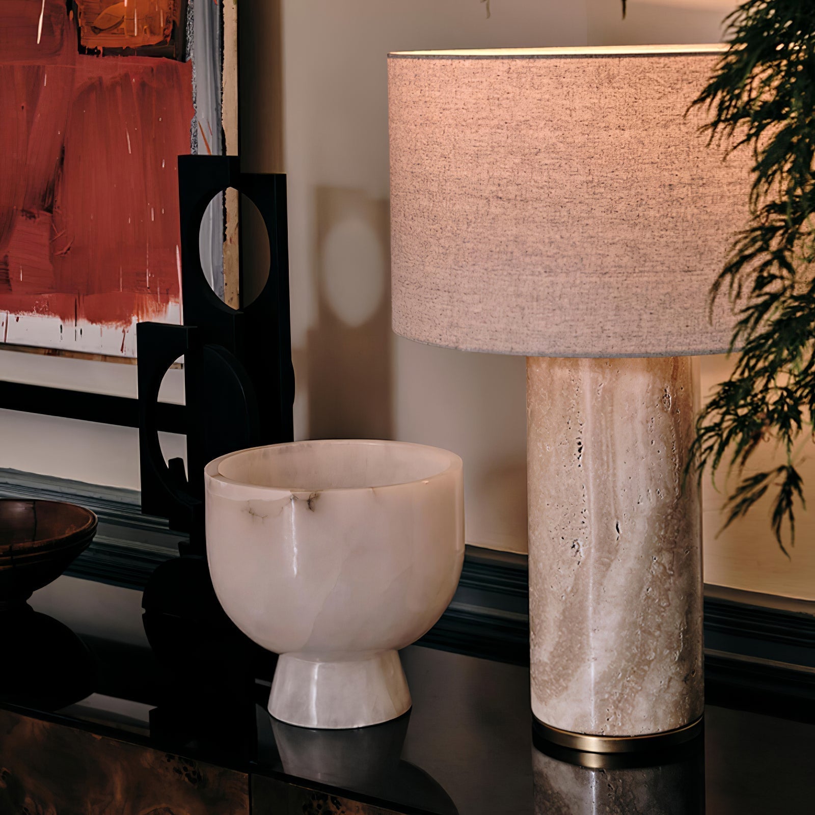 Vonoryra Cylindrical Travertine Table Lamp - Neutral Decor