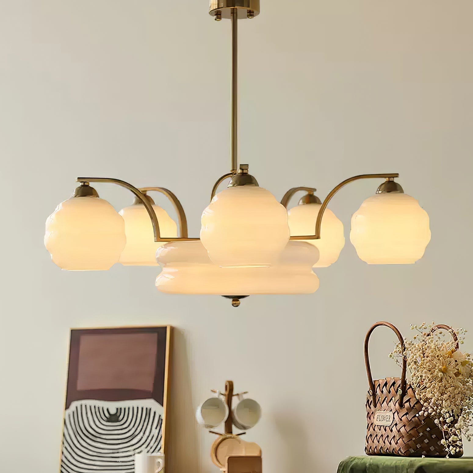 Celeelle Chandelier Art Deco Vintage Gold Glass Shades