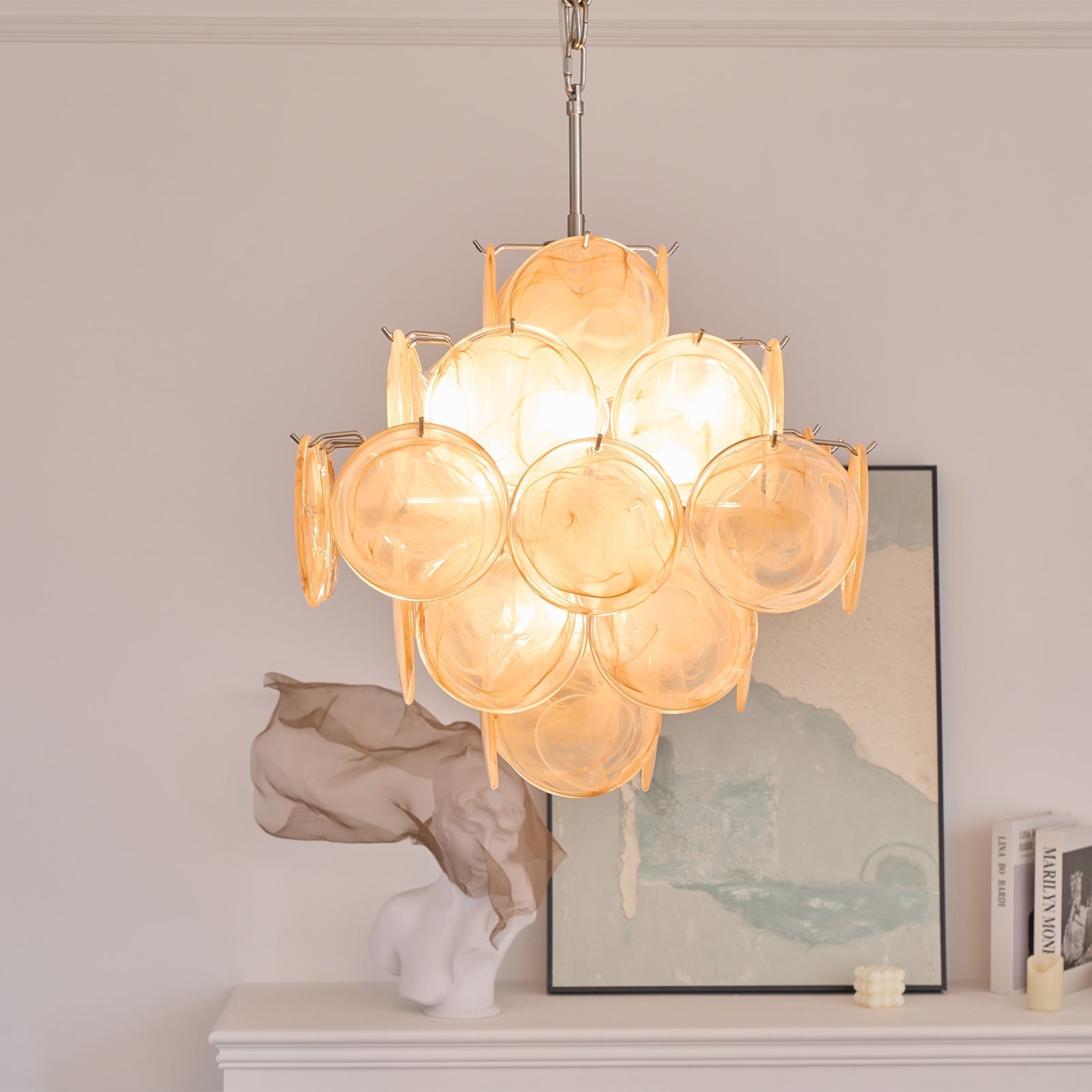 Lioraleon Chandelier Apricot Murano Glass Disc Layered Artistic