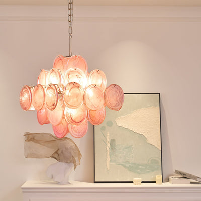 Celeian Chandelier Pink Glass Disc Layered Romantic