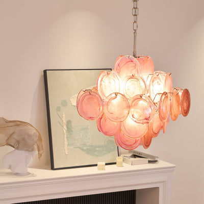 Celeian Chandelier Pink Glass Disc Layered Romantic