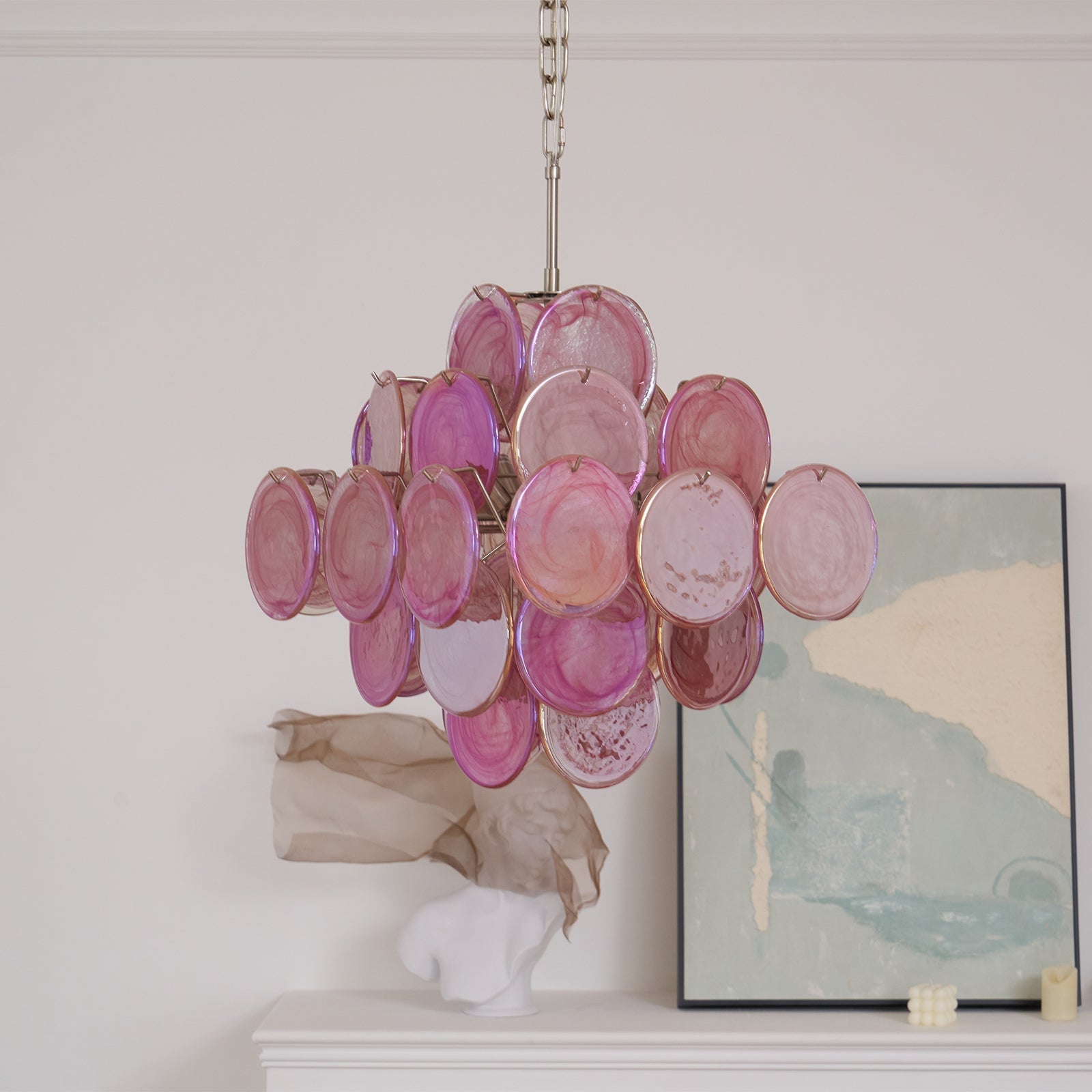 Celeian Chandelier Pink Glass Disc Layered Romantic