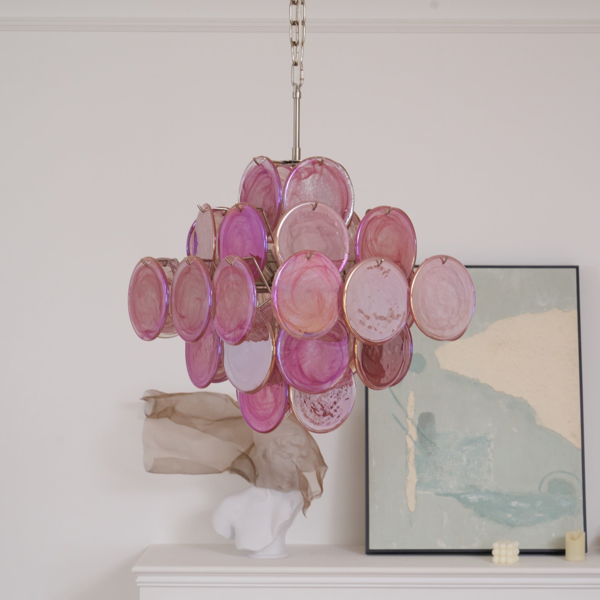 Celeian Chandelier Pink Glass Disc Layered Romantic