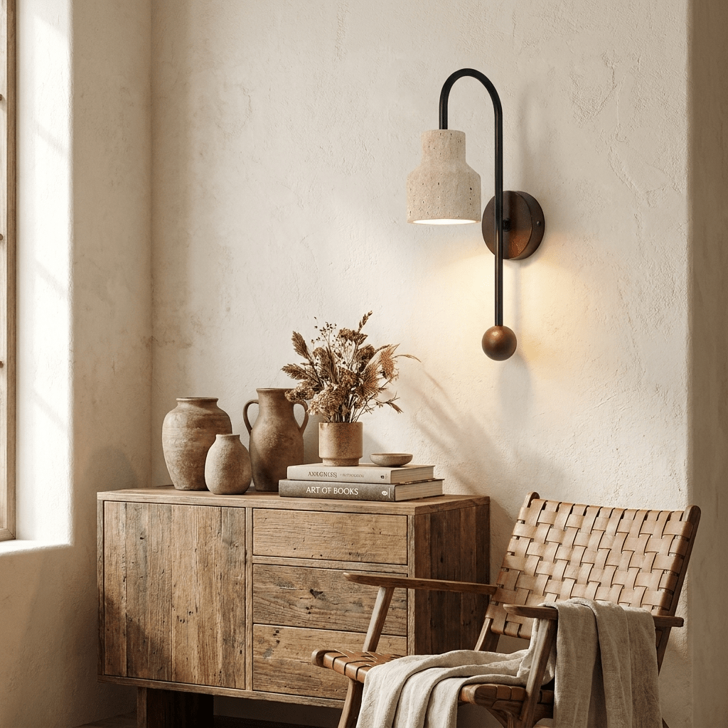 Bell Travertine Arc Wall Sconce Walnut Wood