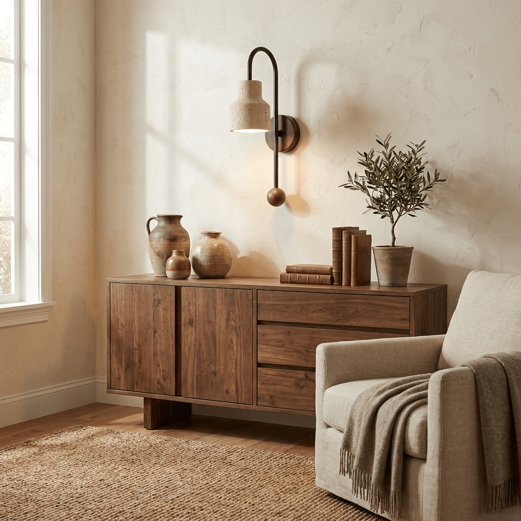 Bell Travertine Arc Wall Sconce Walnut Wood