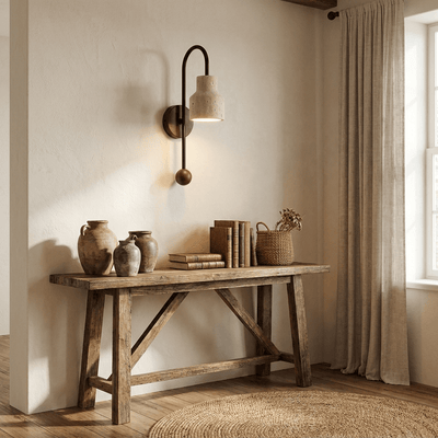 Bell Travertine Arc Wall Sconce Walnut Wood