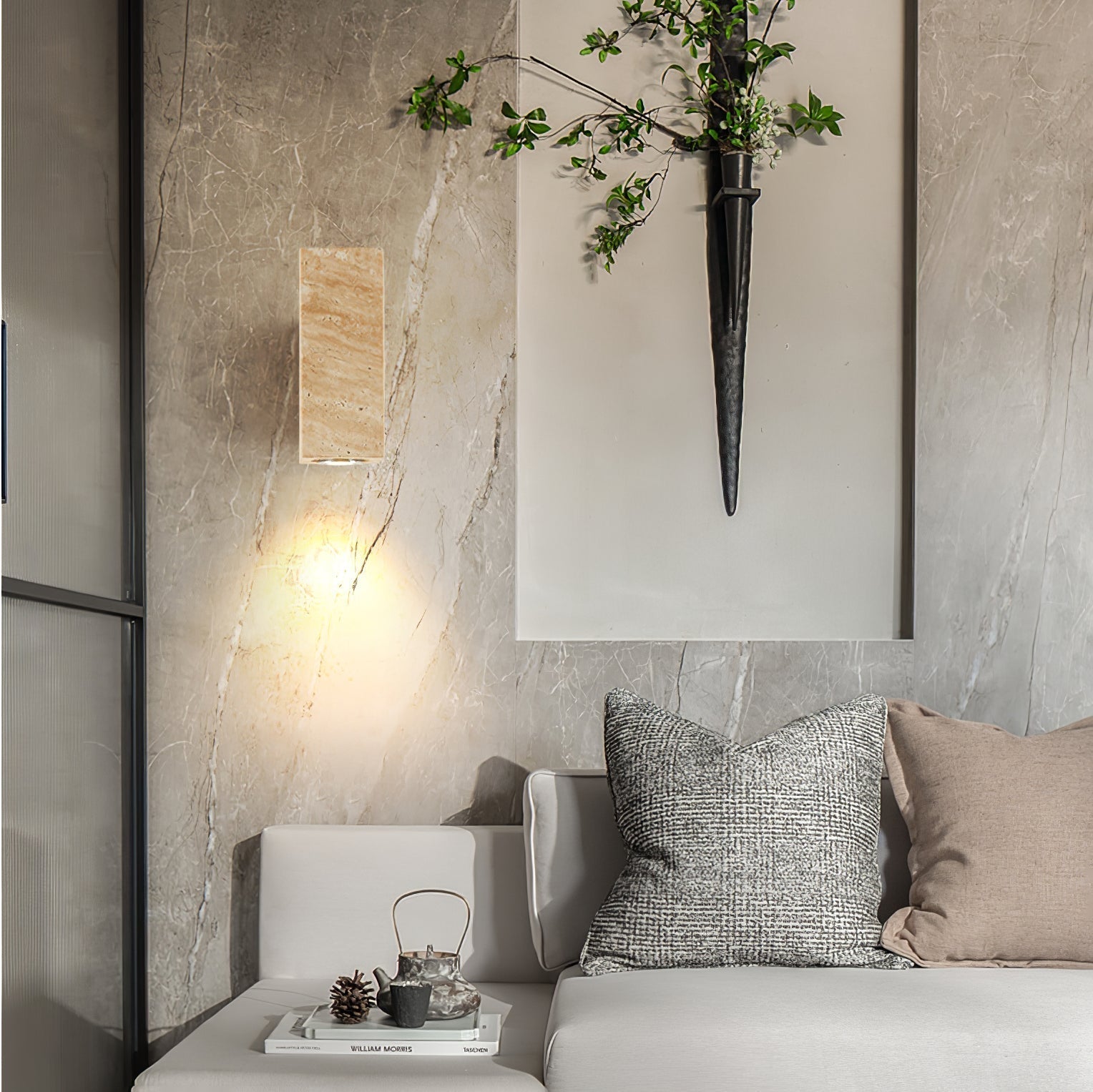 Nula Cylinder-Wood Travertine Wall Light
