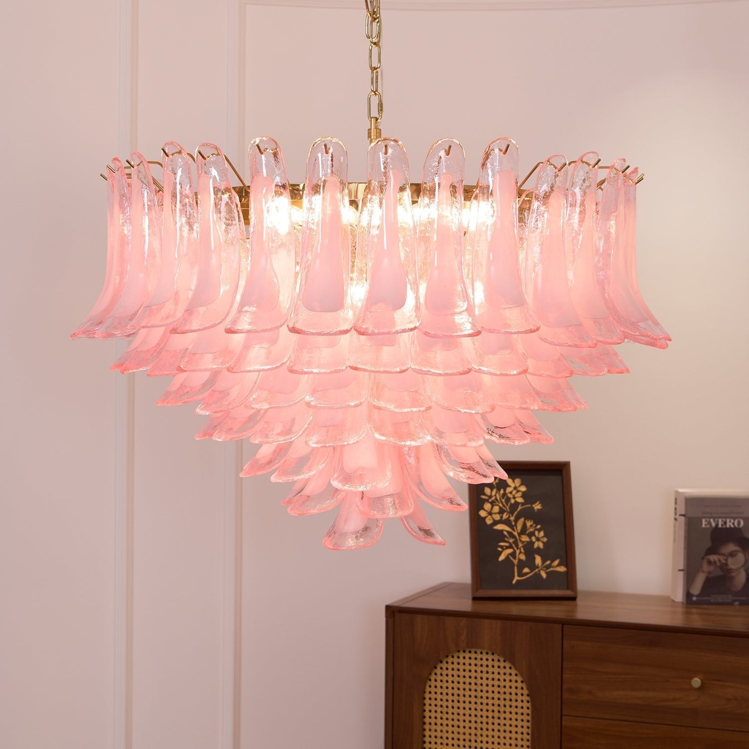 Celaella Chandelier Blush Pink Murano Glass Petals Elegant