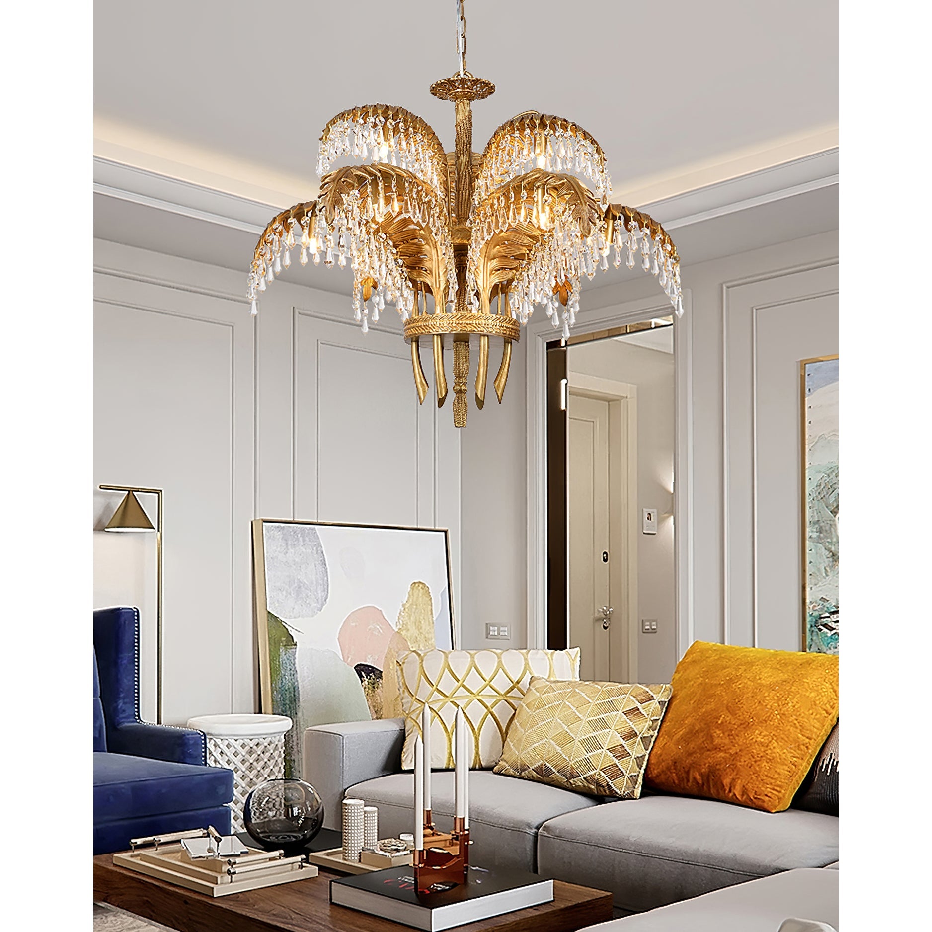 Orlafield Brass Palm Leaf Crystal Chandelier