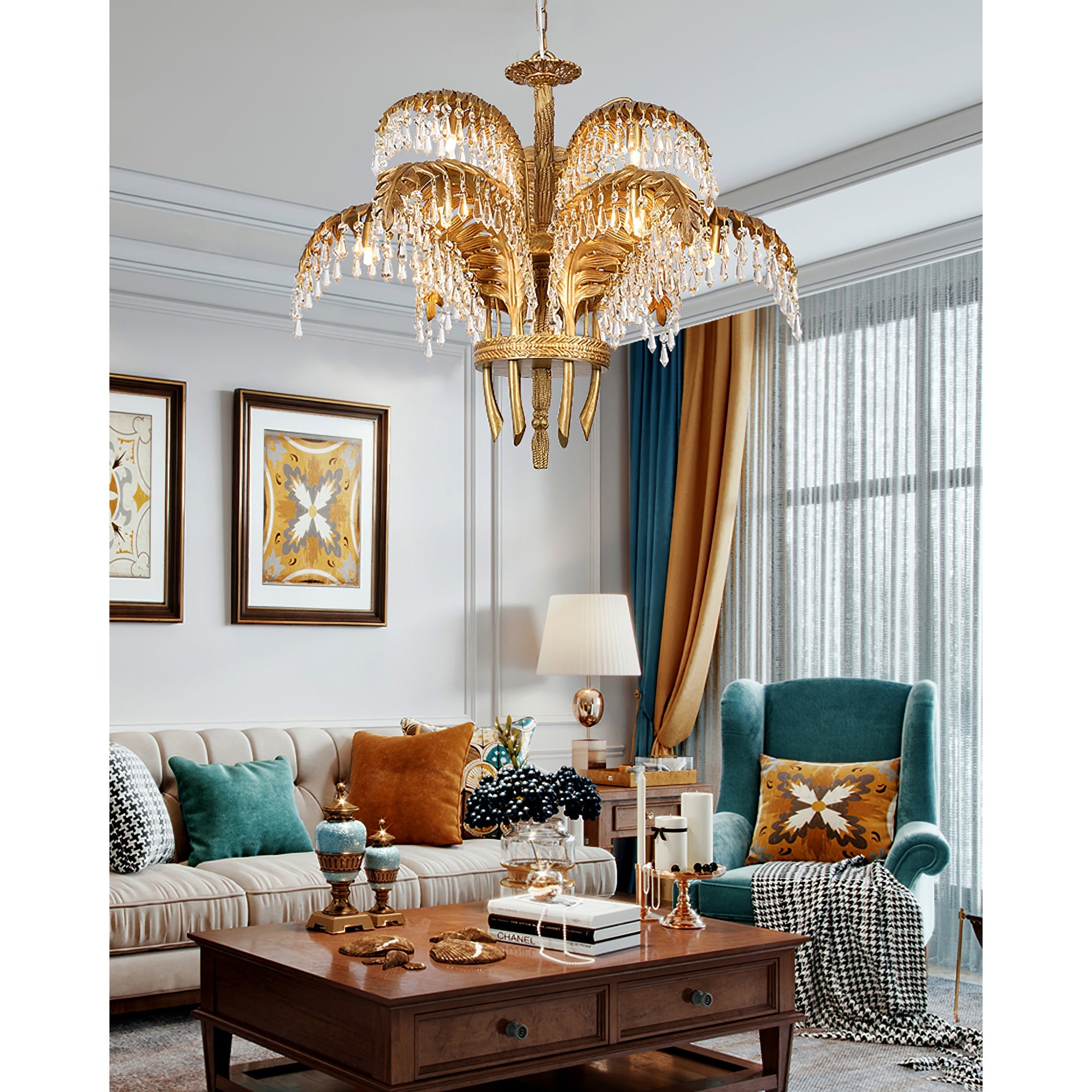 Orlafield Brass Palm Leaf Crystal Chandelier