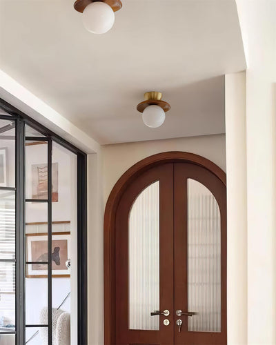 Ceiling Light Globe Opal Glass Modern Brass Walnut Accent Flush Mount - Neutral Decor