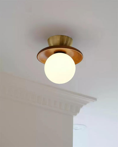 Ceiling Light Globe Opal Glass Modern Brass Walnut Accent Flush Mount - Neutral Decor