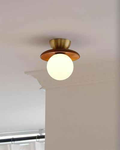 Ceiling Light Globe Opal Glass Modern Brass Walnut Accent Flush Mount - Neutral Decor