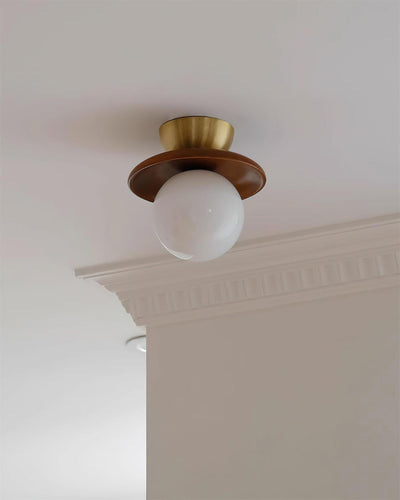 Ceiling Light Globe Opal Glass Modern Brass Walnut Accent Flush Mount - Neutral Decor