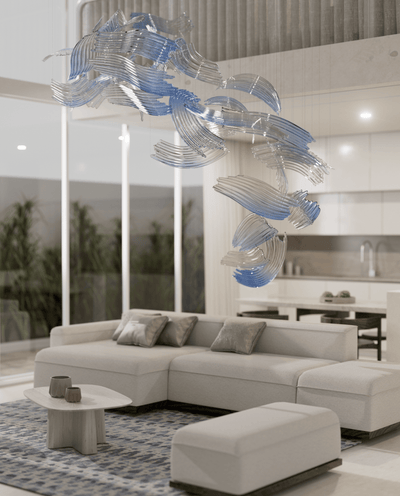 Indigo Brush Abstract Art Blue &Clear  Glass Chandelier