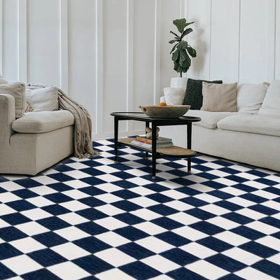 Navy and white checkered washable rug in a modern living room setting