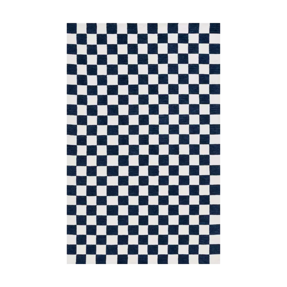 Sibylla Checkered Washable Rug in navy and white, area rug for living room or bedroom.