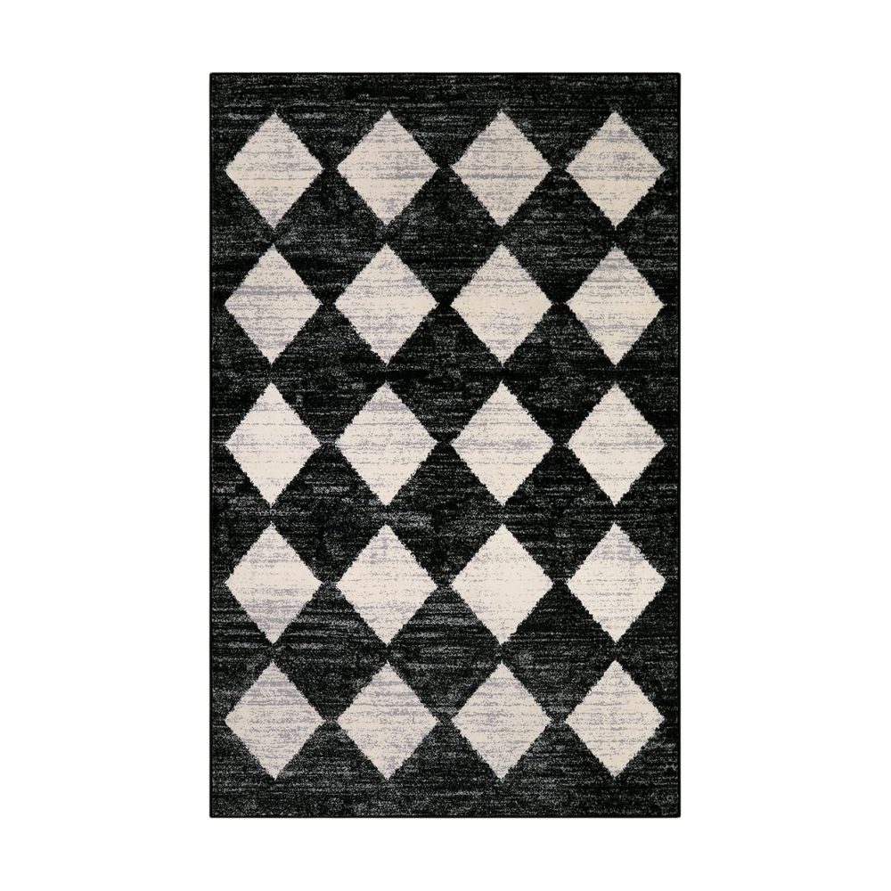 Thelonius Checkered Washable Rug in Black and White. Made of 100% Polyester. Power Loomed, with a non-slip design.