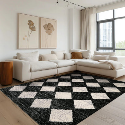 Thelonius Checkered Washable Rug in living room. Black and white pattern, 100% Polyester, machine washable.