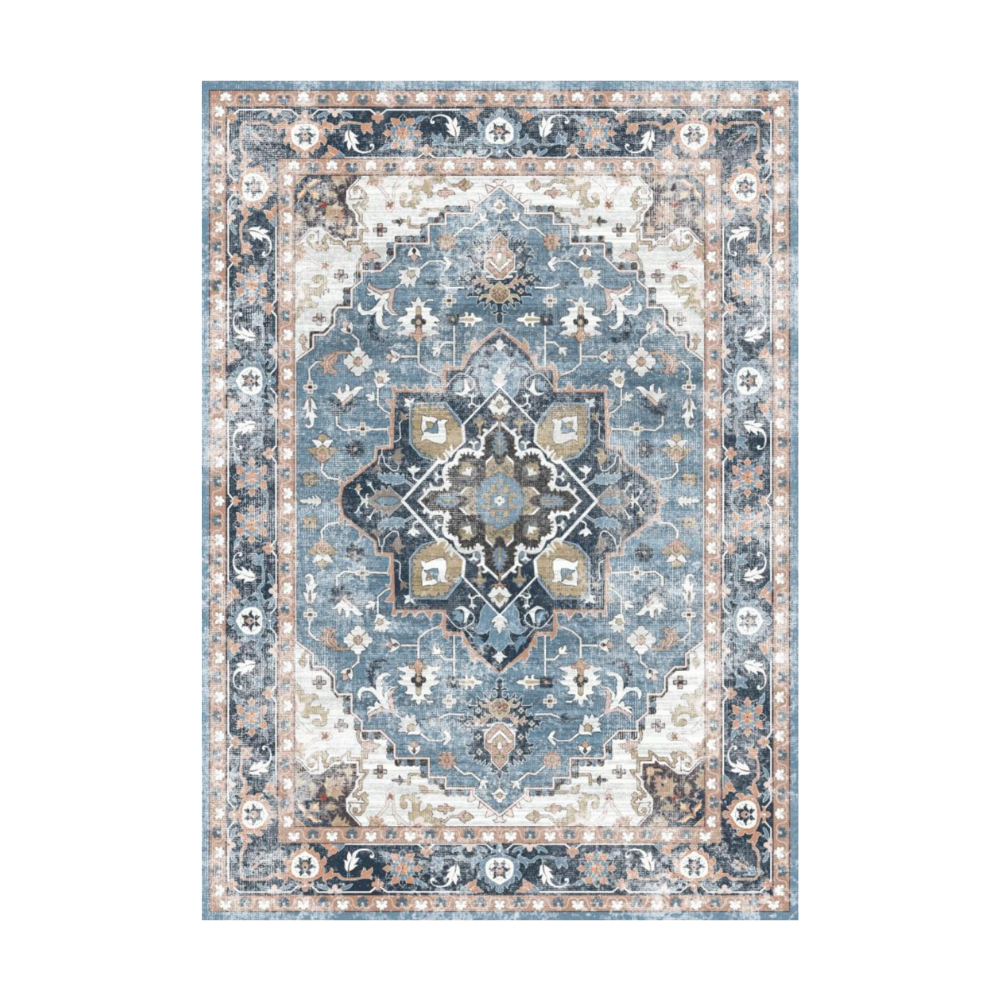 Astraea Vintage Washable Rug in Blue. Power-Loomed, 100% Polyester, customizable size, vintage design