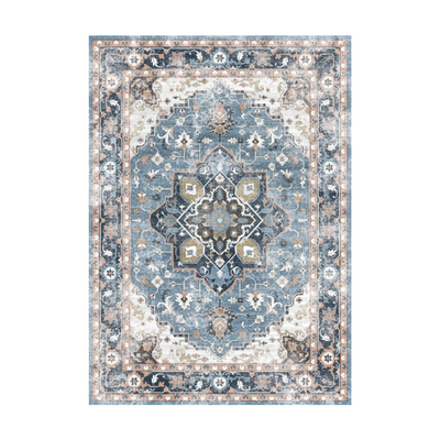 Astraea Vintage Washable Rug in Blue. Power-Loomed, 100% Polyester, customizable size, vintage design