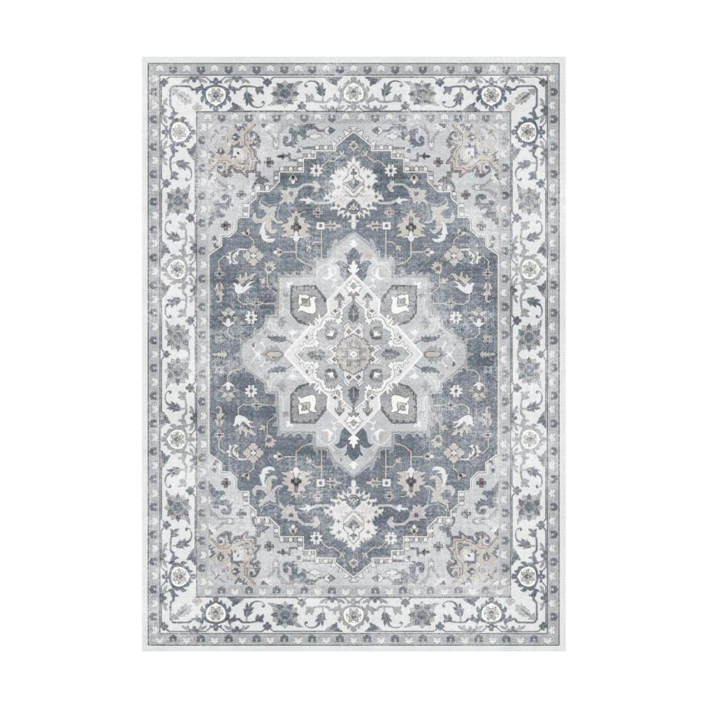 Aurelius Vintage Washable Rug in shades of gray and blue with intricate patterns, perfect for living rooms and bedrooms.