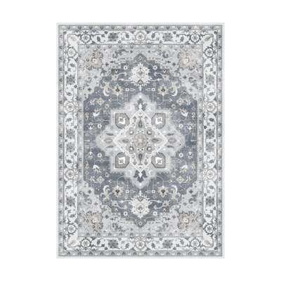 Aurelius Vintage Washable Rug in shades of gray and blue with intricate patterns, perfect for living rooms and bedrooms.