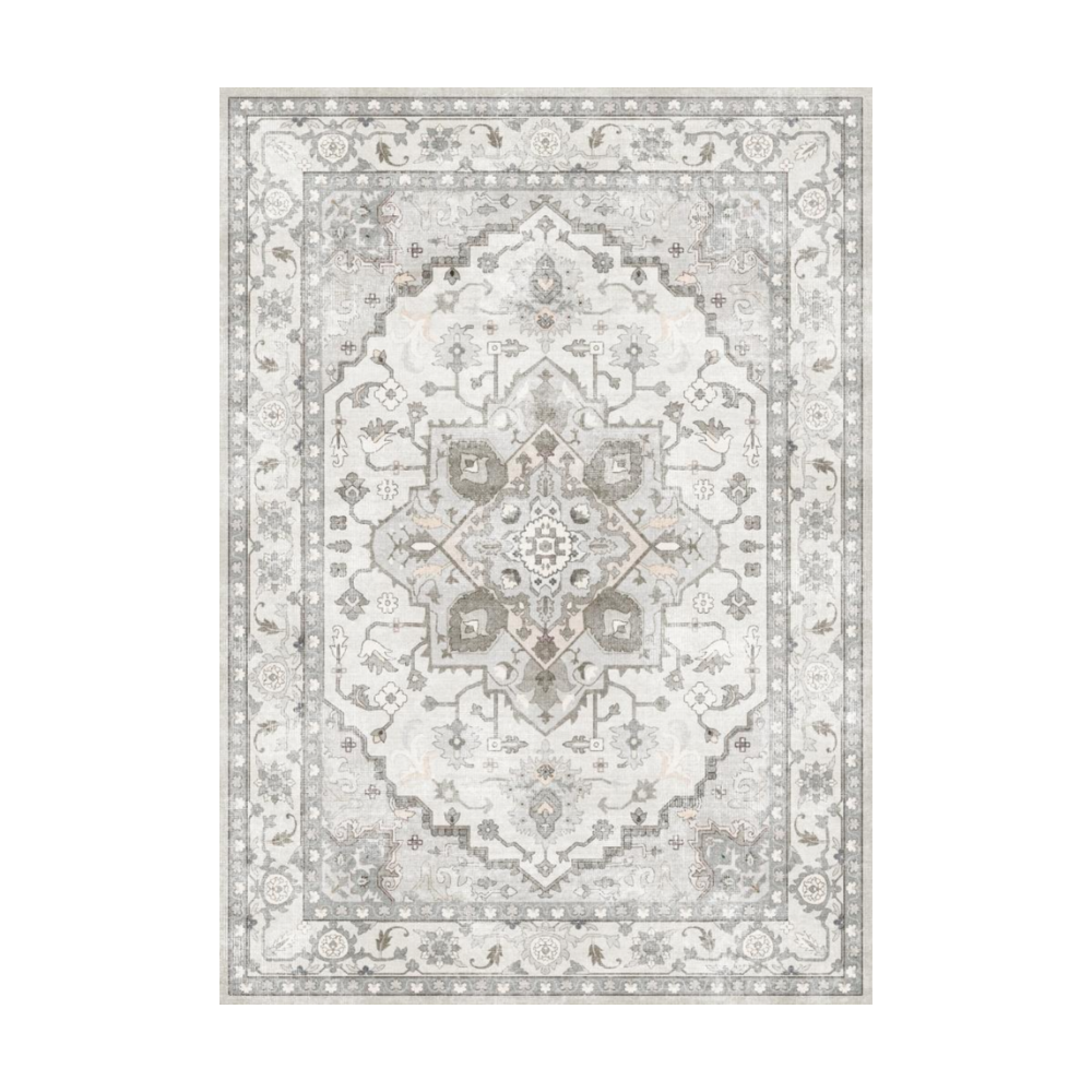 Bellerose Vintage Washable Rug - Grey and Off-White floral pattern. Power loomed polyester, ideal for living rooms.