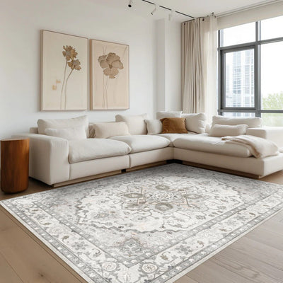 Bellerose Vintage Washable Rug in living room. Grey and off-white floral design, ideal for living spaces.