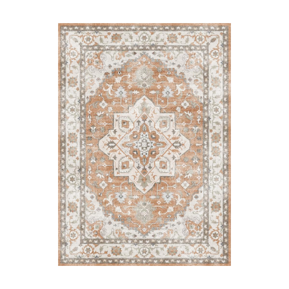 Caledon Vintage Washable Rug - Orange and ivory area rug with intricate geometric patterns