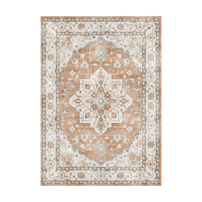 Caledon Vintage Washable Rug - Orange and ivory area rug with intricate geometric patterns