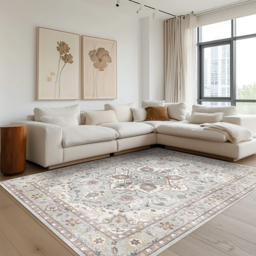 Celandine Vintage Washable Rug, gray and brown pattern in modern living room.
