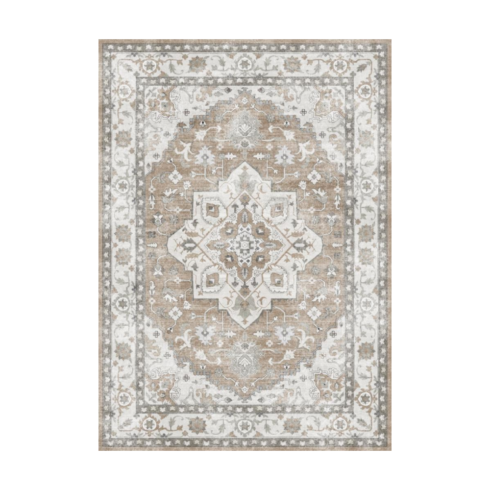 Cyprian Vintage Washable Rug in brown and cream, featuring intricate patterns and a distressed finish