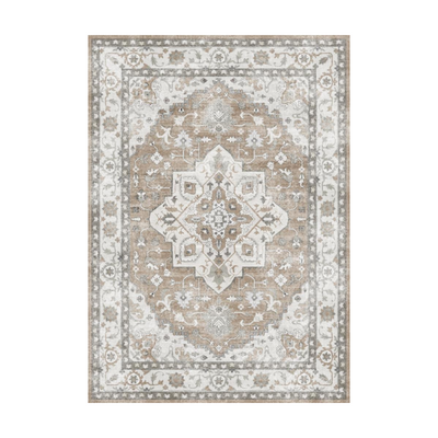 Cyprian Vintage Washable Rug in brown and cream, featuring intricate patterns and a distressed finish