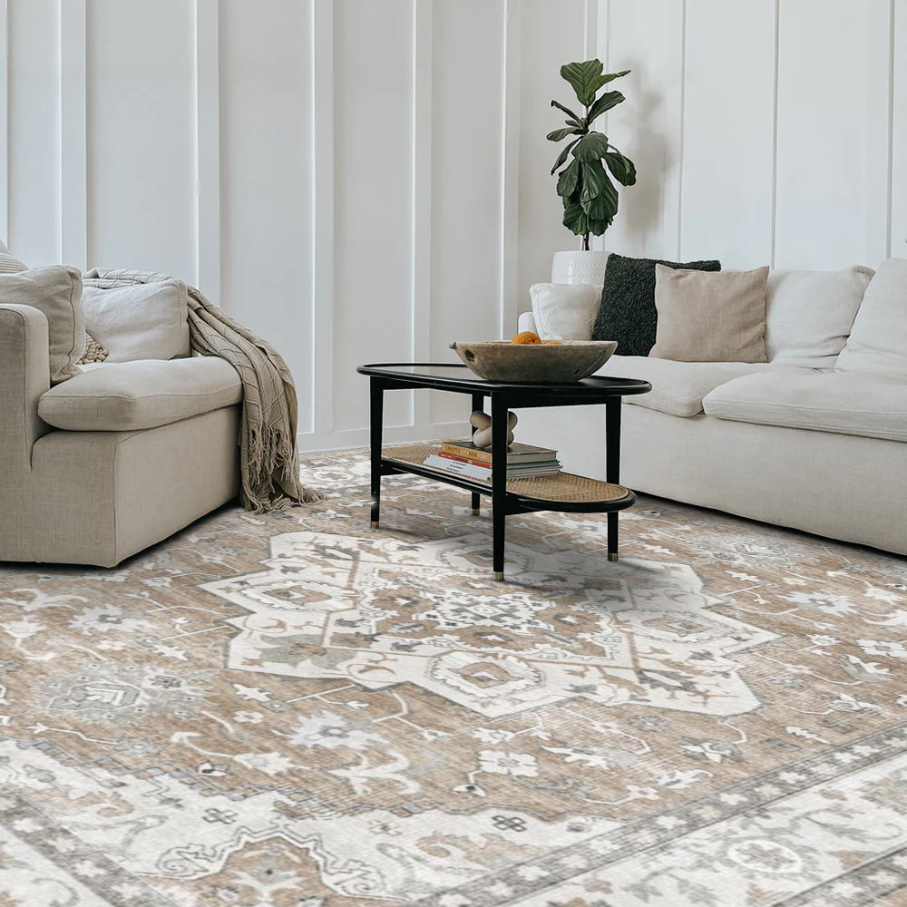 Cyprian Vintage Washable Rug in living room. Intricate patterns, brown and cream tones, perfect for stylish homes.